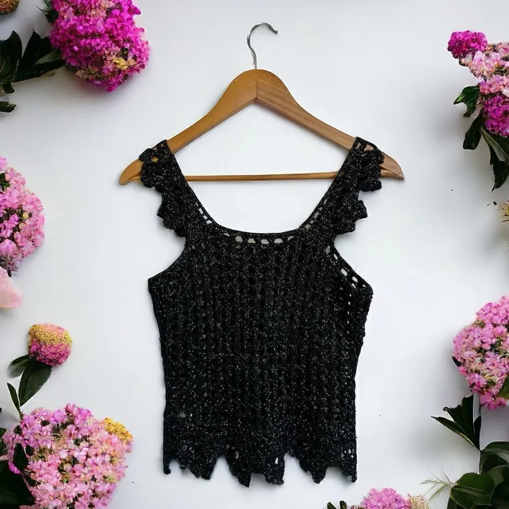 Metro 7 Sparkle Crochet Knit Top Black Size Small
